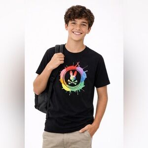 Psycho Bunny T-shirt  EUC Vibrant Black Graphic Tee with Rainbow Design